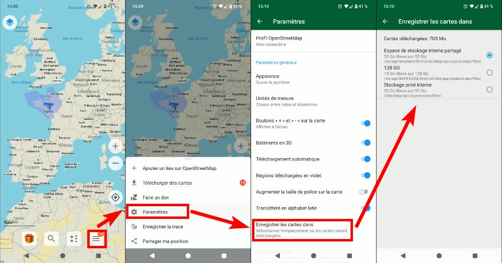 Param&egrave;tres stockage des cartes application Organic Maps