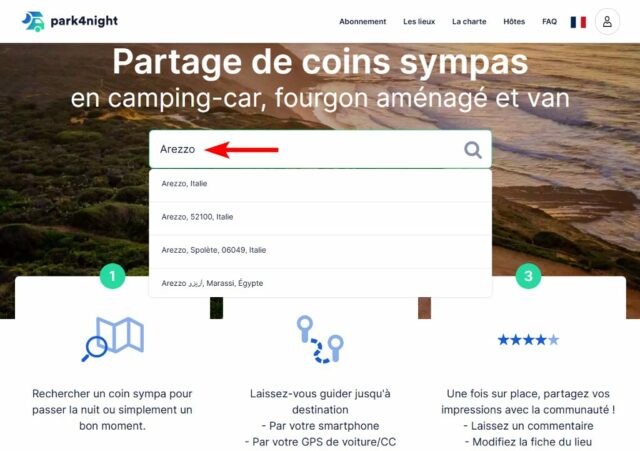 Recherche d'un lieu sur le site park4night