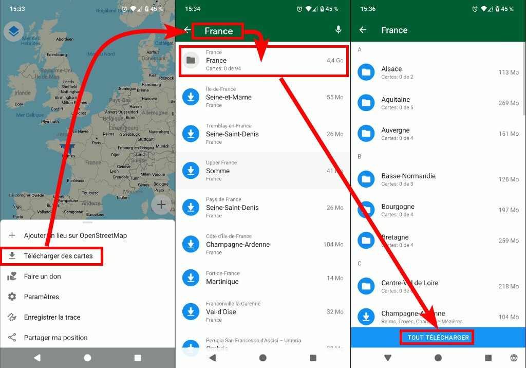 T&eacute;l&eacute;chargement des cartes dans l'application Organic Maps