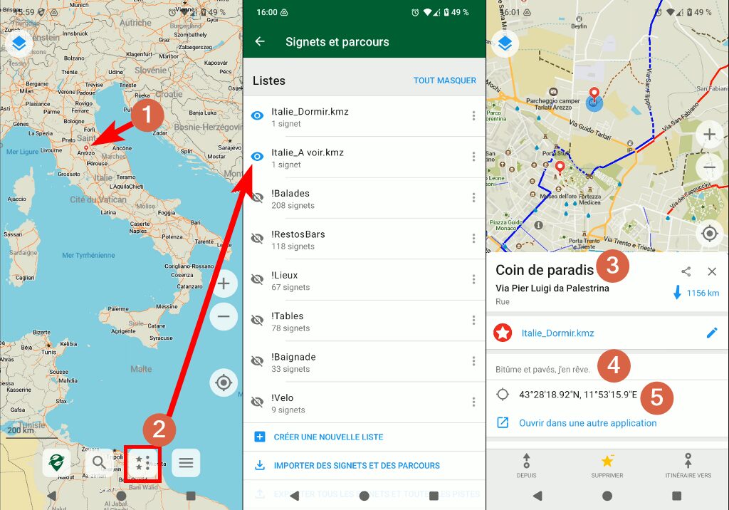 Utilisation des signets dans l'application Organic Maps