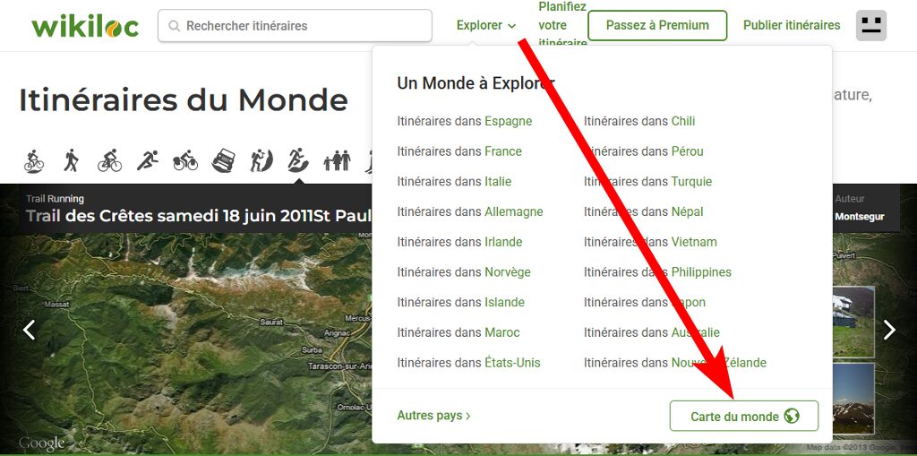 Site web Wikiloc, bouton carte du monde