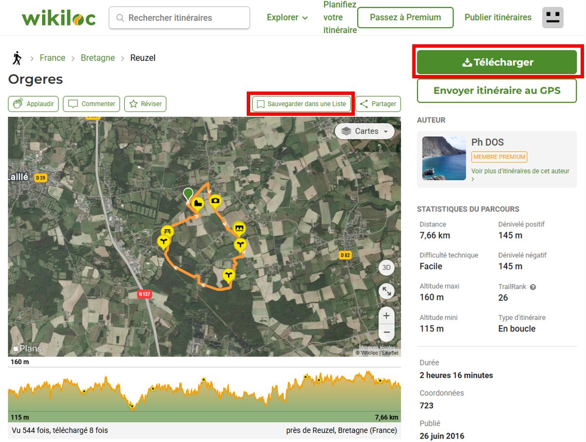 Site Wikiloc, fiche d'un itin&eacute;raire
