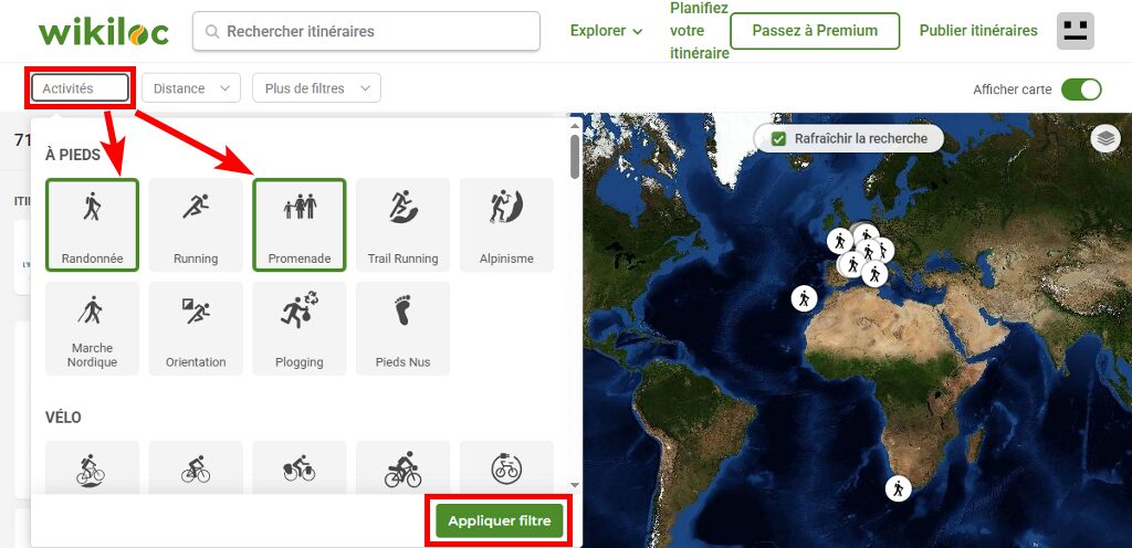 Site Wikiloc, filtre activit&eacute;s