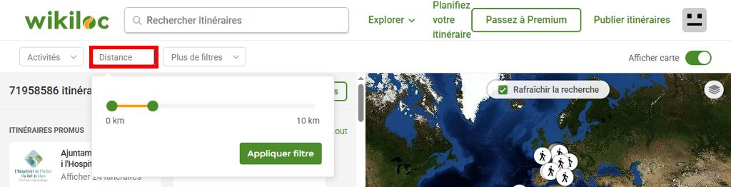 Site Wikiloc, filtre Distance.