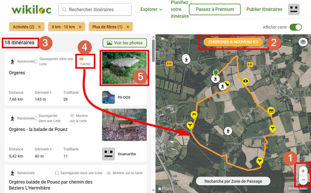 Site Wikiloc, liste d'itin&eacute;raires