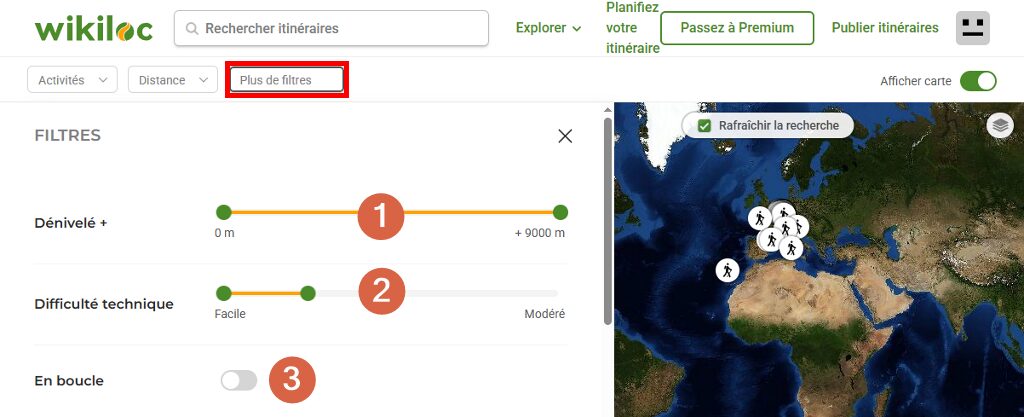 Site Wikiloc, Plus de filtres.