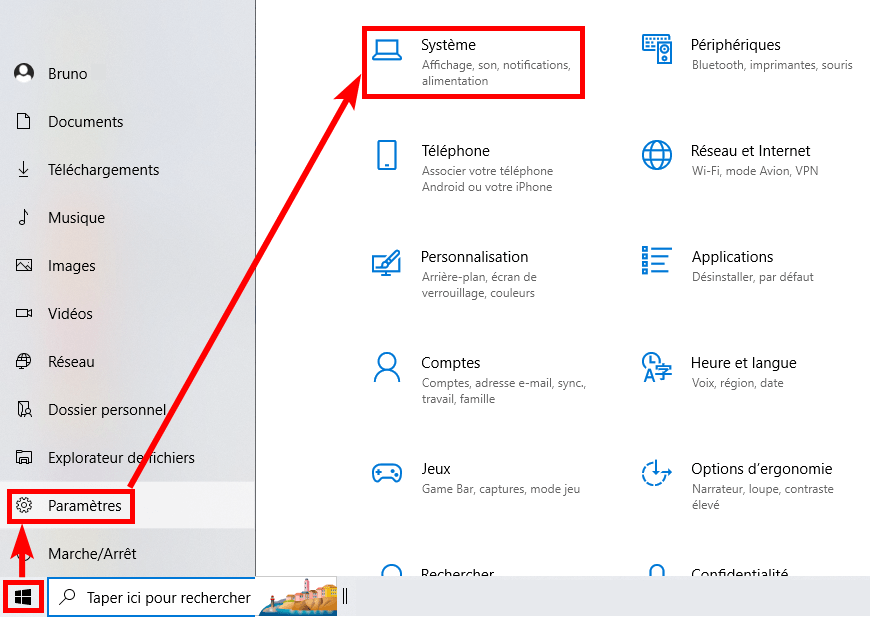 Capture d'écran du menu démarrer de Windows 10 (bouton Paramètres) et la catégorie Système