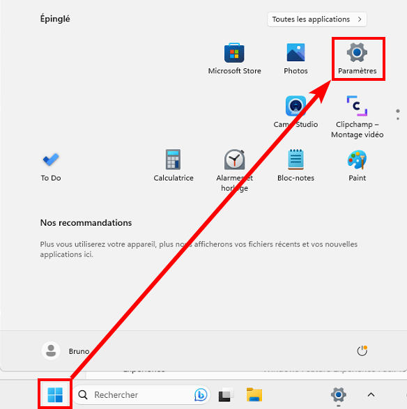 Capture d'écran du menu démarrer de Windows 11 et du bouton Paramètres
