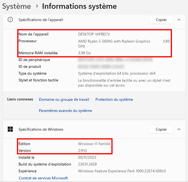 Capture d'écran des Informations système dans les paramètres Système de Windows 11