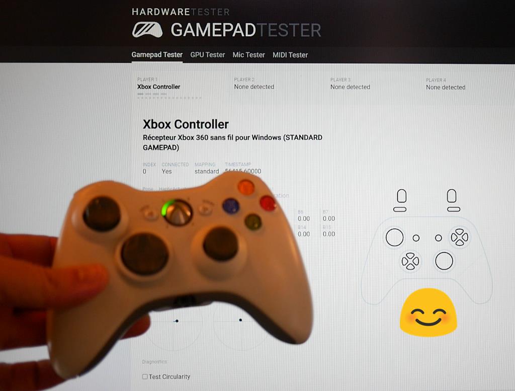 Photo d'une manette Xbox 360 testée sur le site Gamepad Tester