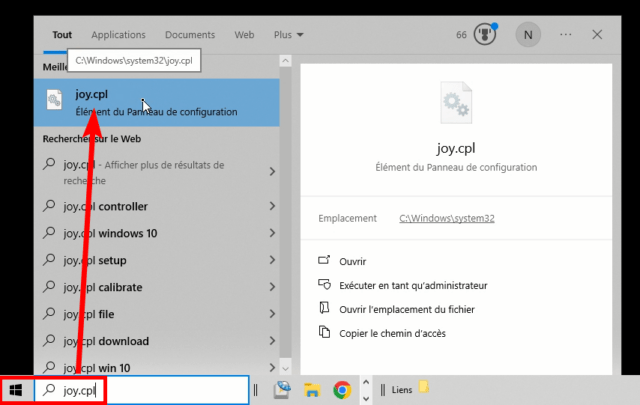 Capture d'écran d'une recherche de joy.cpl dans le menu démarrer de Windows 10