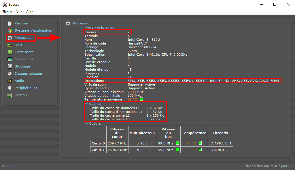 Capture d'écran de l'application Speccy, informations détaillées pour le processeur