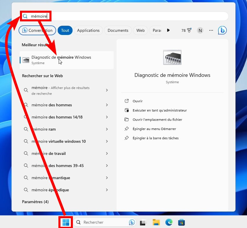Capture d'écran du menu Démarrer de Windows 11 avec le résultat Diagnostic de mémoire Windows