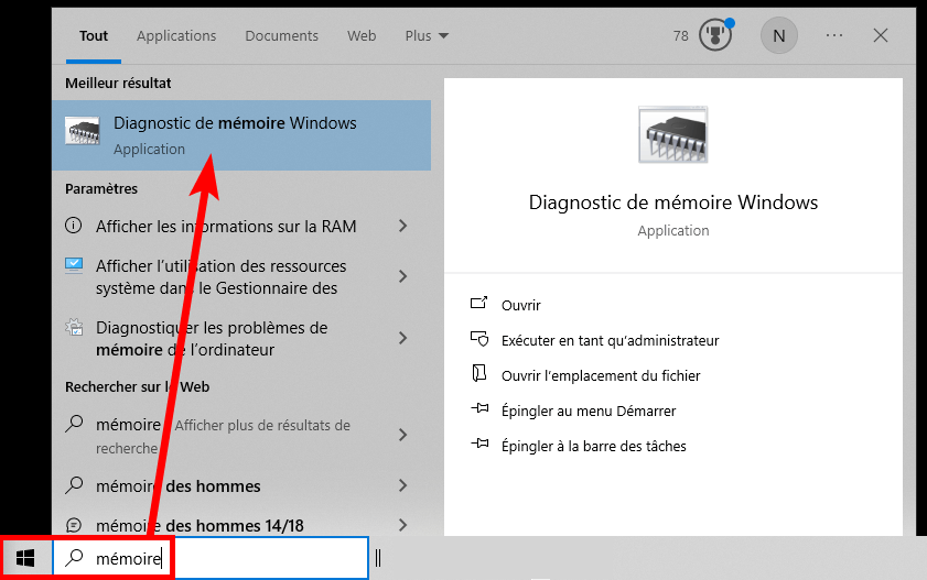 Capture d'écran du menu Démarrer de Windows 10 avec le résultat Diagnostic de mémoire Windows