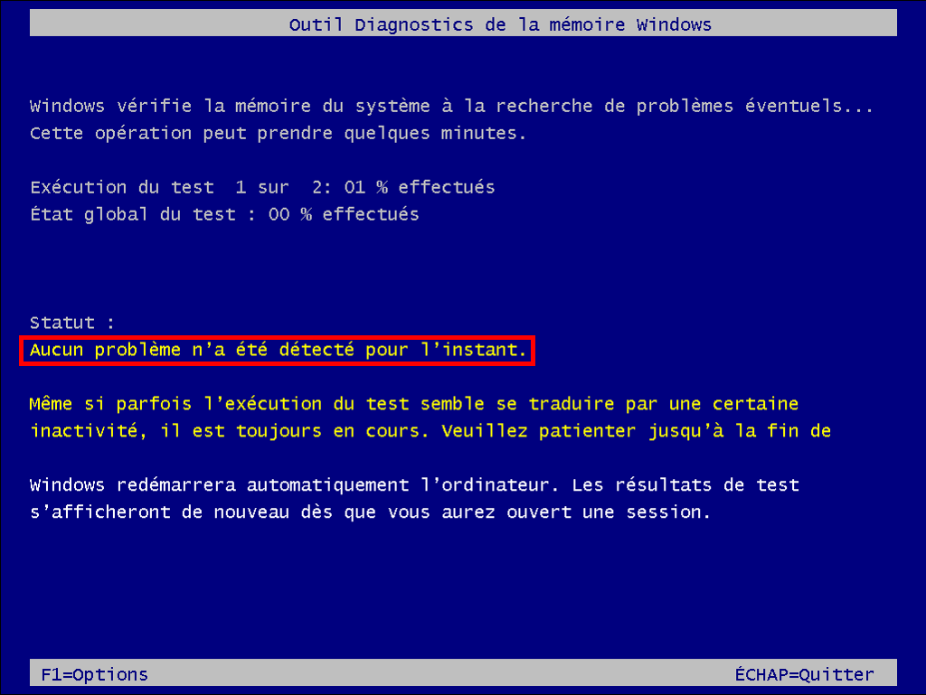 Capture d'écran de l'outil Diagnostics de la mémoire Windows