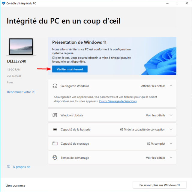 Capture d'écran de l'application Contrôle d'intégrité du PC