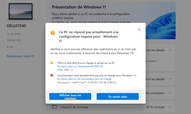 Résultat de l'analyse : Ce PC ne réponds pas actuellement à la configuration requise pour Windows 11