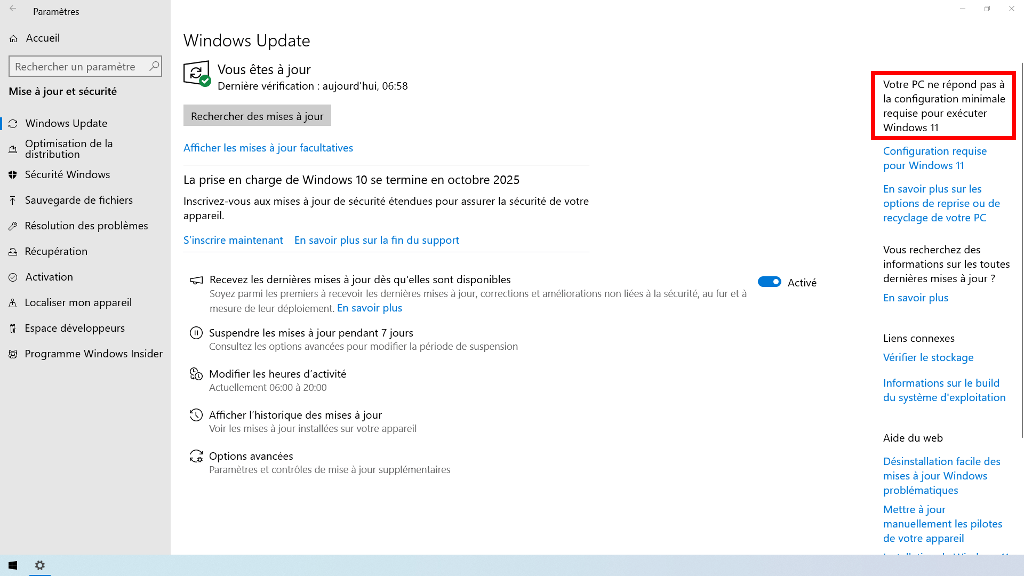 Message "PC pas compatible Windows 11"