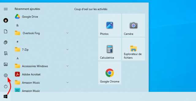 Raccourci Paramètres Windows du menu Démarrer