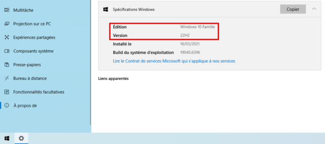 Exemple de spécifications Windows : édition Windows 10, version 22H2