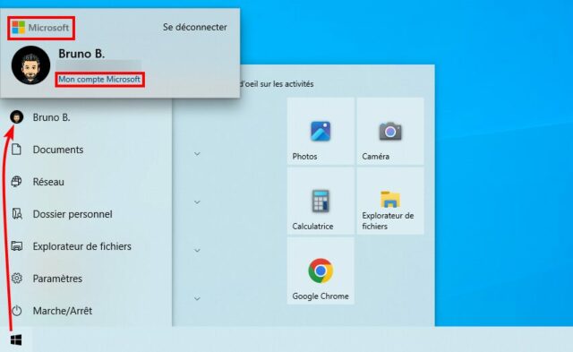 Capture d'écran montrant mon PC connecté à un compte Microsoft