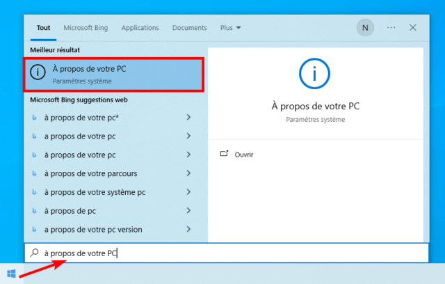 Capture d'écran du raccourci À propos de votre PC