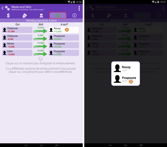 Capture d'écran de l'application Android Abcba (comptes entre amis), autres solutions de remboursements.