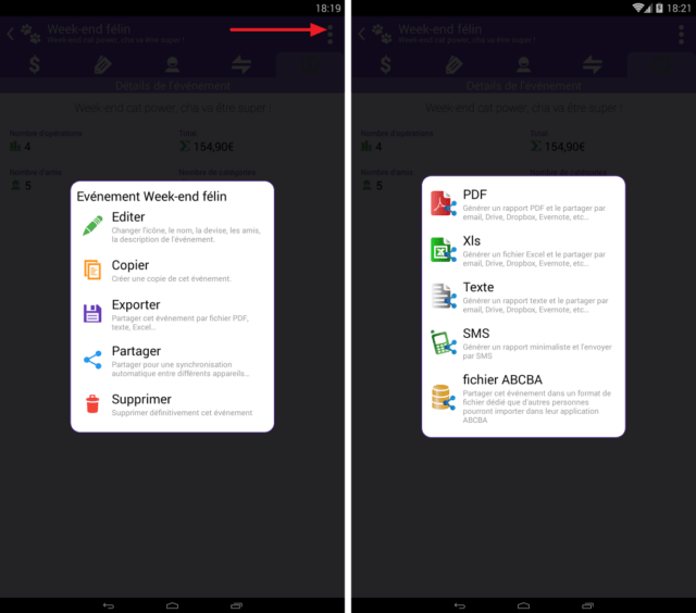 Capture d'écran de l'application Android Abcba (comptes entre amis), options supplémentaires événement affiché.