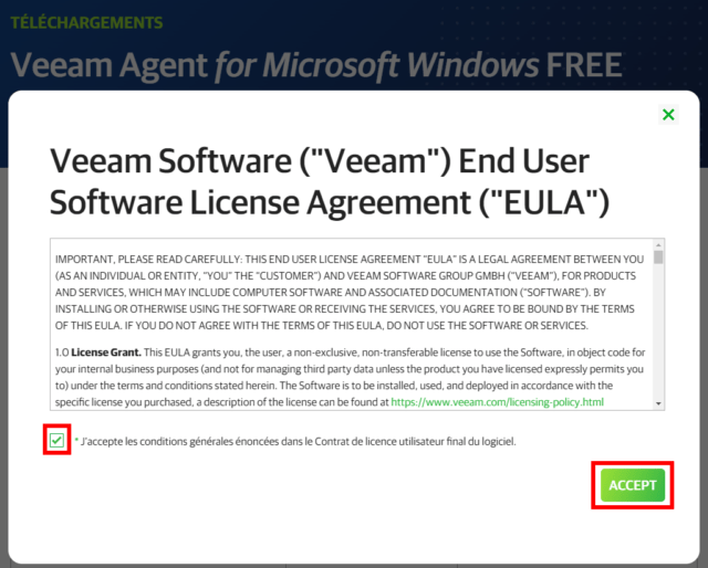 Capture d'écran du site web Veeam.com, case à cocher pour accepter les conditions et bouton Accept
