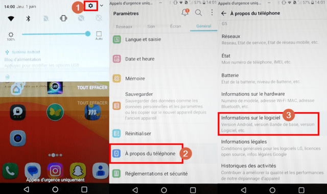 3 écrans Android pour accès aux informations sur le logiciel
