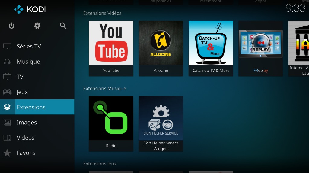Capture d'écran de l'application Kodi, écran d'accueil "Extensions".