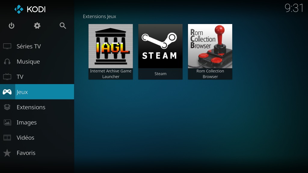 Capture d'écran de l'application Kodi, écran d'accueil "Jeux".
