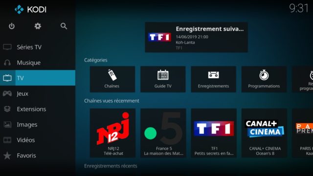 Capture d'écran de l'application Kodi, écran d'accueil "TV".