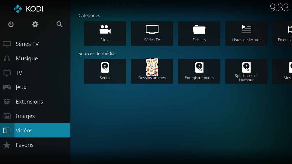 Capture d'écran de l'application Kodi,  écran d'accueil "Vidéos".