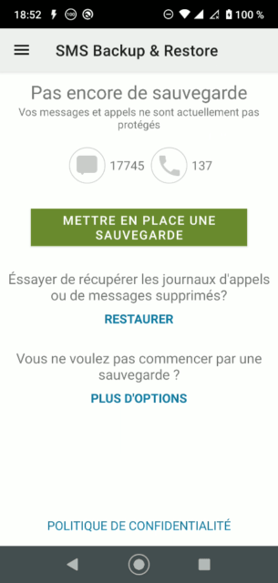 Capture d'écran de l'application Android SMS Backup & Restore (accueil).