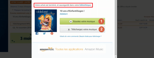 Capture d'écran du site Amazon.fr, écouter ou télécharger musique achetée.