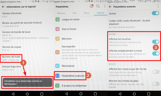 Activation des options développeurs Android et de l'affichage des interactions tactiles