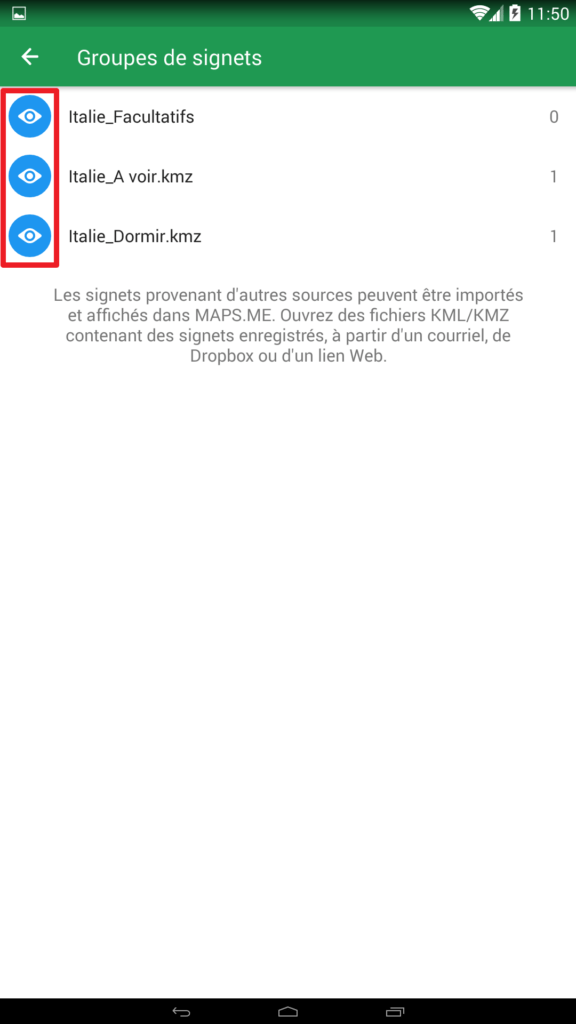 Capture d'écran de l'application Maps.me, groupe de signets