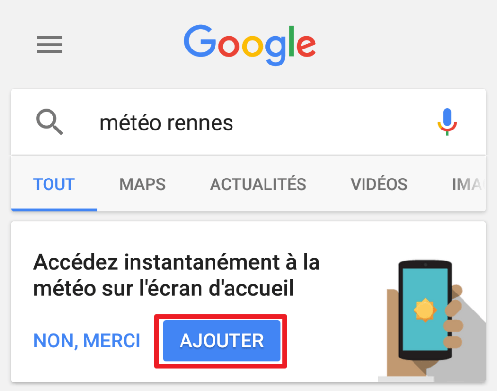 Capture d'écran de l'application Google, ajout raccourci météo première méthode.