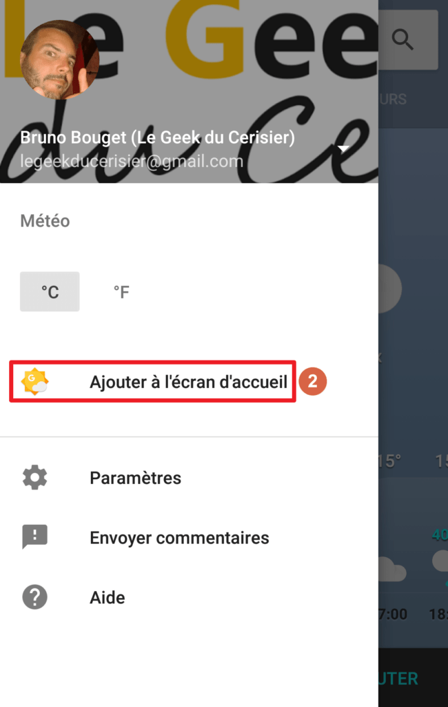 Capture d'écran de l'application Google, ajout raccourci météo méthode 3.