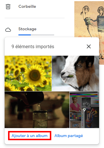 Capture d'écran du site web Google Photos montrant le nombre de fichiers importés et la possibilité de les ajouter à un album