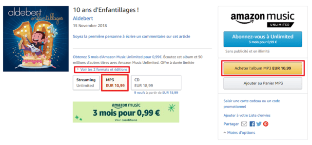 Capture d'écran du site Amazon.fr, choix du format MP3 et achat d'un album MP3.