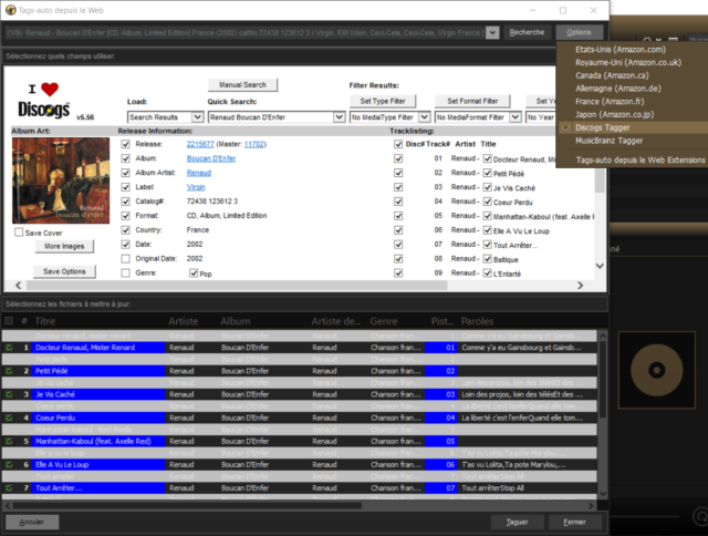 Capture d'écran de l'application MediaMonkey, fonction "Tags-auto depuis Web", source Discogs choisie.