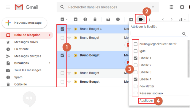 Capture d'écran du site Gmail, attribuer libellés à message 