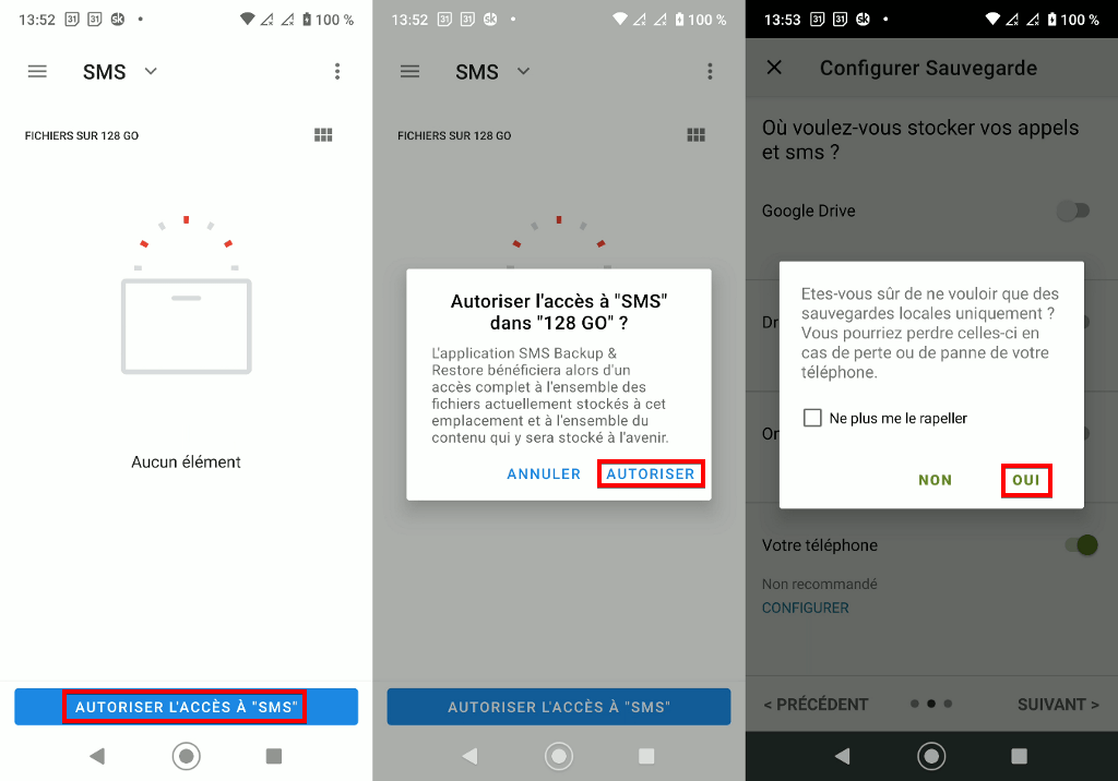 Capture d'écran de l'application Android SMS Backup & Restore, autoriser l'accès au dossier choisi.