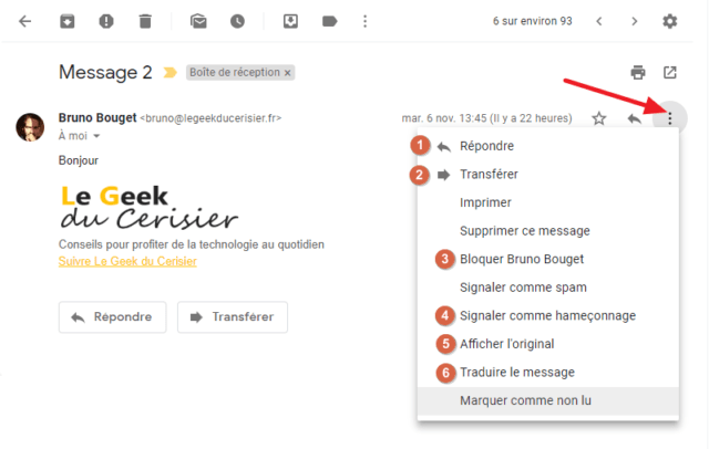 Capture d'écran du site Gmail, autres actions sur message ouvert.