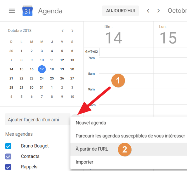 Capture d'écran du site Google Agenda, bouton "+" pour ajouter un agenda à partir de l'URL