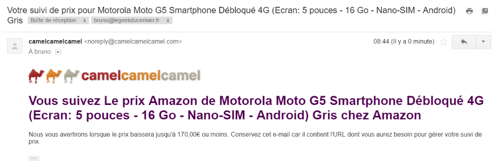 Capture d'écran d'un mail camelcamelcamel, confirmation de suivi de prix.