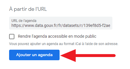 Capture d'écran du site Google Agenda : bouton "Ajouter un agenda".