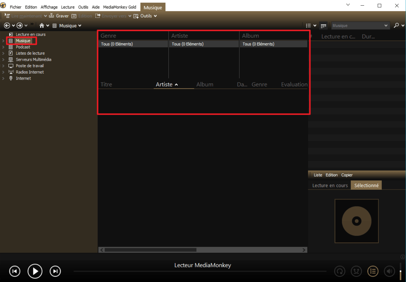 Capture d'écran de l'application MediaMonkey, collection Musique vide.